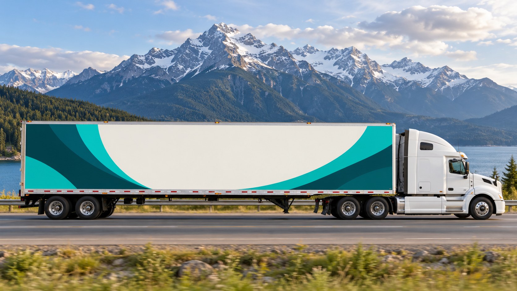 Illustrative semi-trailer with a teal and turquoise advertising concept on its side